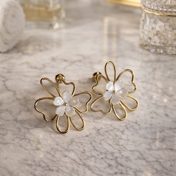 Jewelry - Gold and White Floral Earrings Chunky Earrings